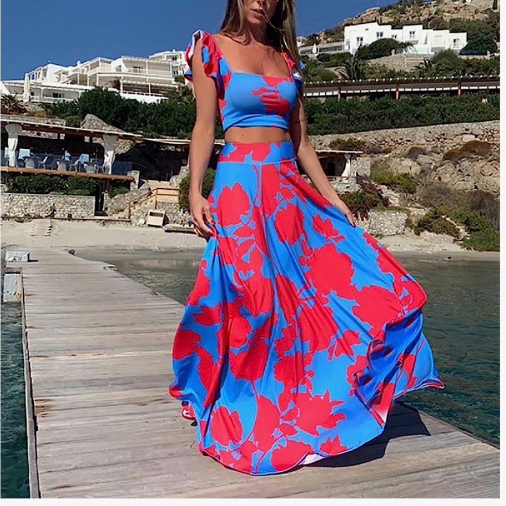 VCAY Floral Print Flutter Sleeve Crop Top & Boho Tropical Long Skirt - Picture 2 of 16